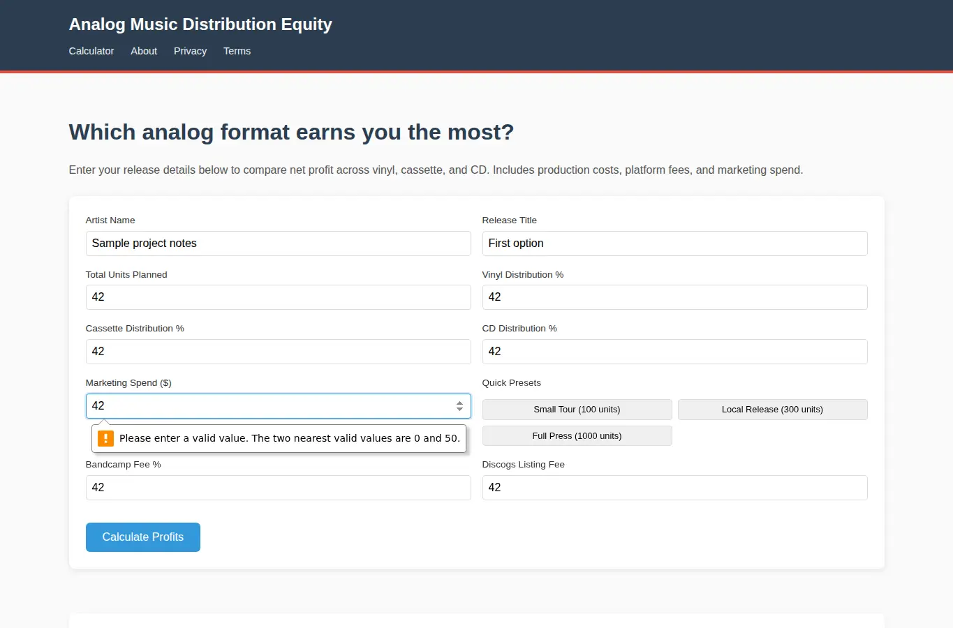 Screenshot of Analog Music Distribution Equity interface showing the project page in use